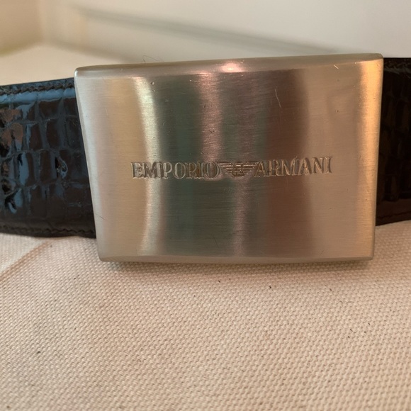Emporio Armani Accessories - Vintage Emporio Armani brown embossed leather belt with metal logo buckle.